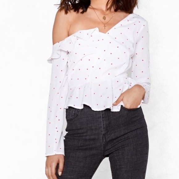 Nasty Gal Tops - Polka Dot One Shoulder Ruffle Blouse Nasty Gal Size 8 White / Red Flirty Fun!